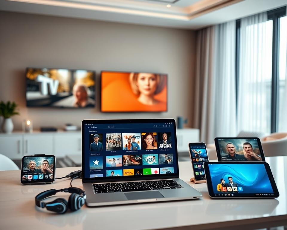 A sleek and modern digital workspace showcasing a variety of IPTV alternative applications on multiple screens. In the foreground, a high-resolution laptop displays a vibrant IPTV application interface with colorful thumbnails of TV shows and movies. Surrounding the laptop are smartphones and tablets, each showcasing different IPTV alternatives, highlighting their unique features. The middle ground features a well-organized desk with a few tech accessories like headphones and a remote control. In the background, a softly lit room with contemporary decor and a large window allows natural light to illuminate the scene, creating a warm and inviting atmosphere. The overall mood is professional and innovative, suggesting a new era of digital entertainment solutions.