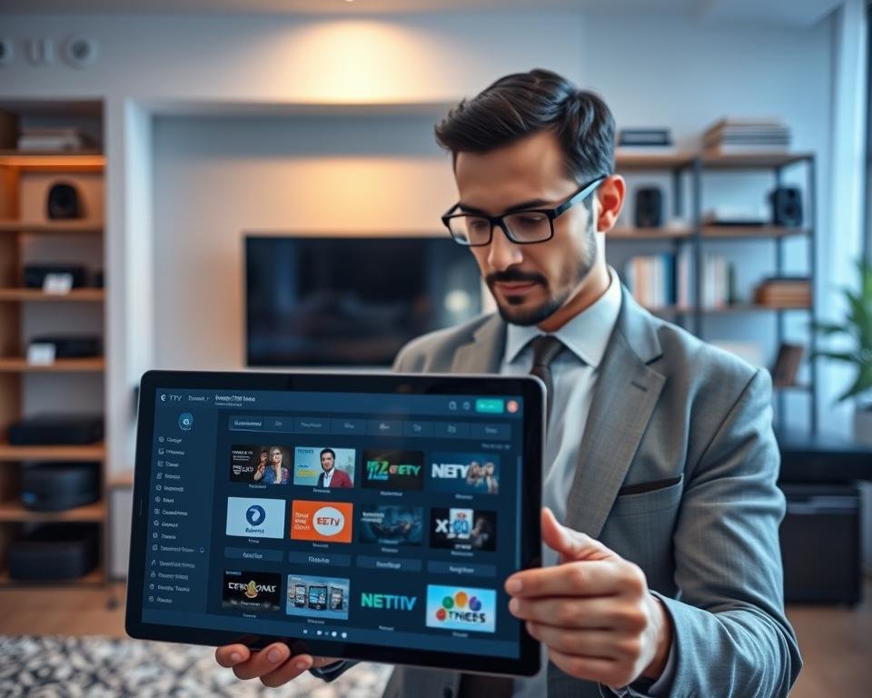 A sleek and modern digital workspace showcasing the advanced features of the IPTV Smarters application. In the foreground, display a high-resolution tablet with the IPTV Smarters interface, highlighting customizable channel lists and user-friendly navigation. In the middle ground, include a professional-looking individual dressed in smart business attire, intently analyzing the app’s features with a look of focus. The background features a softly lit modern home office with gadgets like a high-end TV, streaming devices, and a stylish bookshelf, creating an atmosphere of sophistication and technology. Use soft, ambient lighting to portray a productive and inviting mood, shot from a slight upward angle to emphasize the tablet and the user’s engagement.