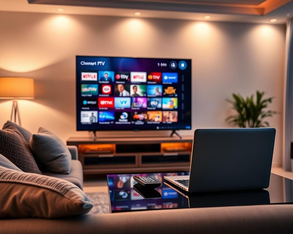 A sleek and modern home entertainment setup showcasing the advantages of IPTV Smarters Pro. In the foreground, a high-definition smart TV displays an enticing IPTV interface, featuring vibrant thumbnails of various channels and shows. A comfortable couch is adorned with plush cushions, inviting viewers to relax. In the middle ground, a stylish coffee table holds a remote control and an open laptop, symbolizing seamless connectivity. The background features a cozy living room with ambient lighting, highlighting the contemporary decor and a subtle plant for a touch of nature. The scene radiates a welcoming, tech-savvy atmosphere, emphasizing entertainment and convenience. The overall mood is warm and inviting, suggesting a perfect setting for enjoying IPTV content.