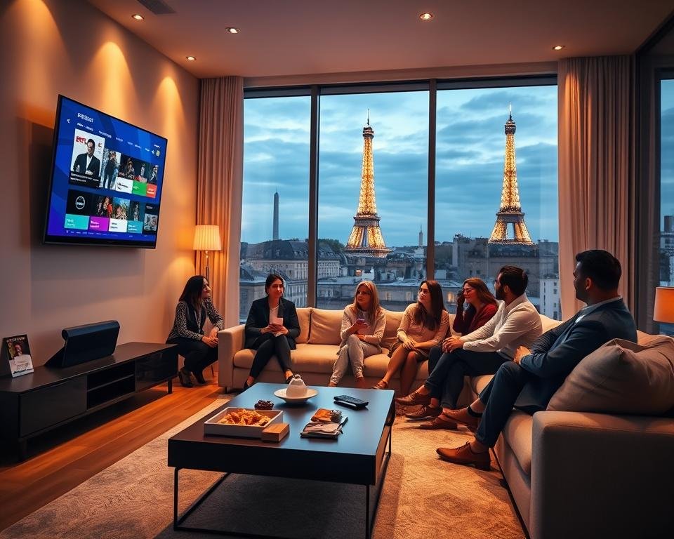 A sleek and modern living room bathed in warm, soft lighting, featuring a large flat-screen TV mounted on the wall, displaying a vibrant IPTV interface with French channels. In the foreground, there is a stylish coffee table with snacks and a remote control elegantly placed. The middle layer showcases a comfortable sofa occupied by a diverse group of friends in business casual attire, engaging in lively conversation while watching TV. In the background, large windows reveal a picturesque Parisian skyline at dusk, with the Eiffel Tower lit up, adding a touch of sophistication. The overall mood is inviting and vibrant, conveying excellence and enjoyment in French IPTV services.