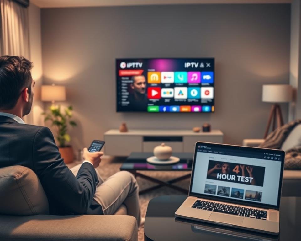 A sleek and modern living room scene showcasing a high-definition television displaying an IPTV interface with vibrant colors and interactive elements. In the foreground, a person dressed in smart casual attire sits comfortably on a stylish sofa, holding a remote control. They are focused on the screen, which shows various IPTV channels and options, representing the 24-hour test available. The middle area features a coffee table with a laptop open to an IPTV review website, suggesting research and exploration. The background consists of contemporary decor with soft lighting, creating a cozy and inviting atmosphere. The overall mood conveys excitement and ease of access to entertainment through IPTV services.
