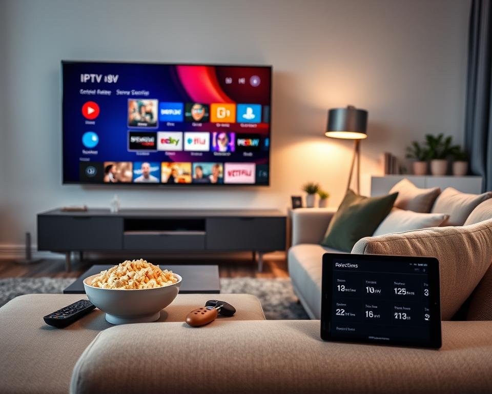 A sleek and modern living room setting, featuring a large flat-screen TV displaying a colorful IPTV interface with various channel options. In the foreground, a stylish coffee table holds a remote control, a bowl of popcorn, and a tablet displaying IPTV service options. In the middle ground, a comfortable sofa with plush cushions invites viewers to relax, while a contemporary floor lamp casts warm, inviting light. The background features a minimalist entertainment unit adorned with decorative plants and books, adding a touch of coziness. The atmosphere is engaging and welcoming, suggesting the convenience and entertainment value of choosing the best IPTV subscription services in France. The scene should be balanced and well-composed, with soft focus enhancing the sense of comfort.