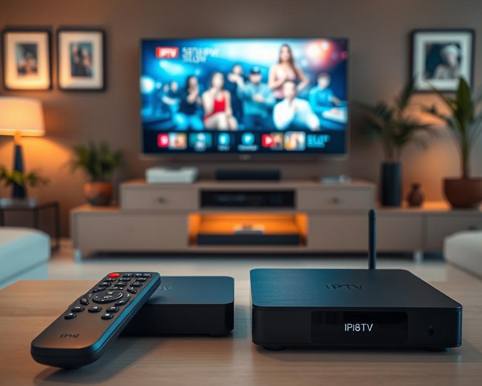 A sleek and modern living room setting prominently features two high-tech IPTV media players on a stylish entertainment center. In the foreground, a close-up view of a remote control is placed beside the players, providing a sense of user accessibility. The middle ground showcases a large flat-screen TV displaying vibrant streaming content, with an emphasis on clarity and detail. Soft, warm lighting creates a cozy atmosphere, emphasizing the inviting nature of the space. The background includes tasteful decor, such as framed artwork and potted plants, contributing to an overall feeling of comfort. The angle is slightly from above, giving a comprehensive view of this contemporary IPTV setup, capturing its appeal to potential users looking for recommended IPTV players.