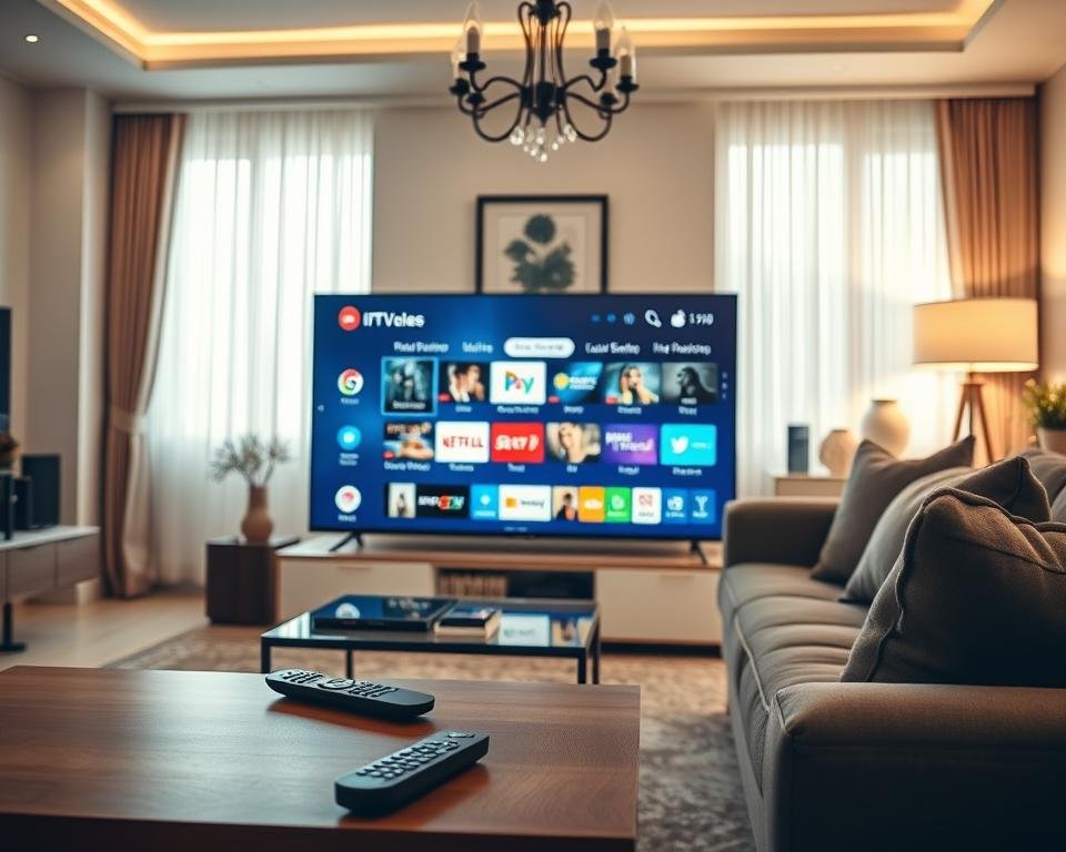 A sleek and modern living room setup showcasing a Smart TV prominently displaying the IPTV Smarters Pro interface with an array of advanced streaming features. In the foreground, a stylish coffee table with a remote control and a tablet lies beside a cozy sofa. The middle ground highlights the Smart TV with vivid colors and interactive elements showcasing categories like Movies, Sports, and Live TV. The background features a softly lit room with elegant decor, and a large window letting in natural light. The atmosphere is warm and inviting, hinting at a high-tech lifestyle. The scene is professionally lit, using soft lighting for a cozy feel, shot from a slight angle to emphasize depth and perspective.