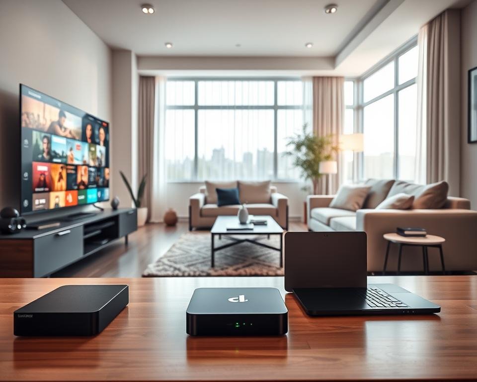 A sleek and modern living room setup showcasing a variety of streaming devices compatible with IPTV Smarter Pro. In the foreground, a stylish smart TV displays vibrant streaming content. Beside it, a compact streaming box and a laptop are positioned on a contemporary coffee table. The middle ground features a comfortable sofa and a side table with a tablet, all elegantly arranged. In the background, a large window allows natural light to flood the room, creating a warm and inviting atmosphere. The room is decorated with minimalistic furniture and tech accessories, reflecting a tech-savvy lifestyle. Soft lighting enhances the inviting mood, while a wide-angle perspective captures the entire scene, emphasizing the versatility of devices in a cozy home environment.
