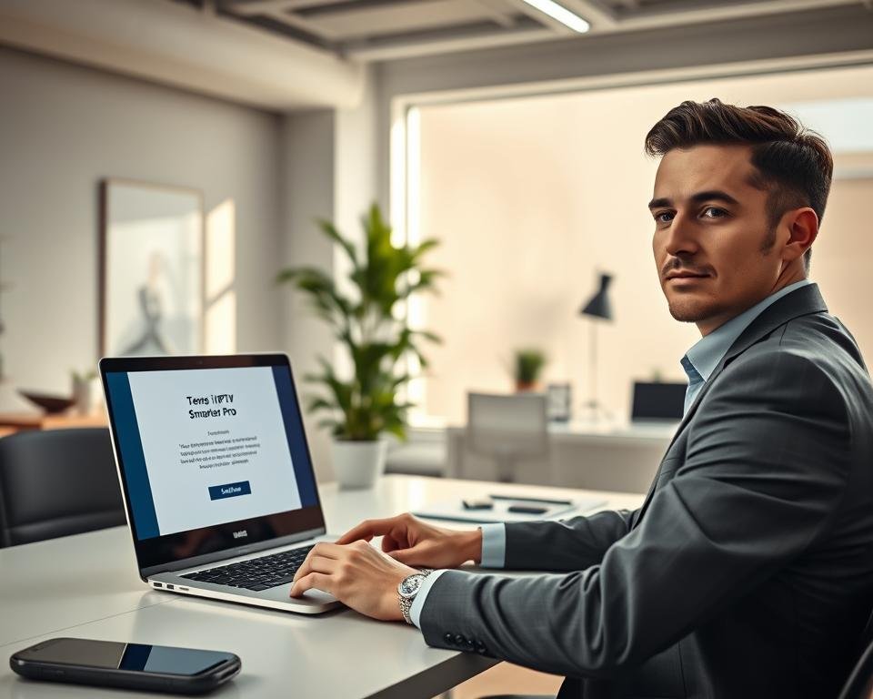 A sleek and modern office environment featuring a confident individual in professional attire, sitting at a contemporary desk with a laptop open, displaying the IPTV Smarter Pro application interface. In the foreground, the person, a mid-thirties professional with a focused expression, is tapping the screen, ready to accept terms and conditions. In the middle ground, an organized workspace with minimalist design elements, a potted plant, and subtle tech gadgets, enhances the modern feel. The background features soft natural lighting coming through a large window, casting a warm glow on the scene. The overall atmosphere is one of productivity and professionalism, reflecting a promising start to the application launch process. A sleek and modern office environment featuring a confident individual in professional attire, sitting at a contemporary desk with a laptop open, displaying the IPTV Smarter Pro application interface. In the foreground, the person, a mid-thirties professional with a focused expression, is tapping the screen, ready to accept terms and conditions. In the middle ground, an organized workspace with minimalist design elements, a potted plant, and subtle tech gadgets, enhances the modern feel. The background features soft natural lighting coming through a large window, casting a warm glow on the scene. The overall atmosphere is one of productivity and professionalism, reflecting a promising start to the application launch process.