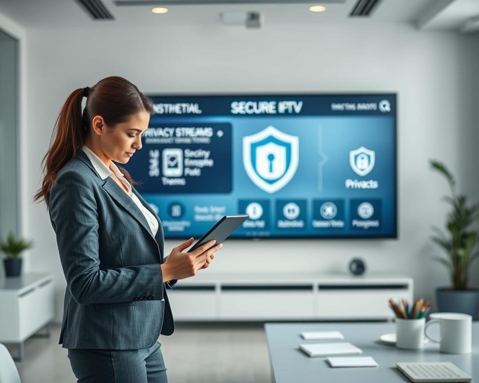 A sleek and modern office space with a professional atmosphere. In the foreground, a confident businesswoman in professional attire is reviewing security documents on a digital tablet, while a serene, well-organized workspace is visible around her. The middle ground features a large screen displaying a secure IPTV interface, showcasing encrypted streams, and icons symbolizing privacy and security features. The background includes soft-focus elements like a window with diffused daylight filtering through, creating a calm and trustworthy environment. The overall mood is one of reliability and professionalism, emphasizing the safety of the IPTV service. Soft lighting enhances the ambiance, with a slight depth of field to focus on the woman and the screen.