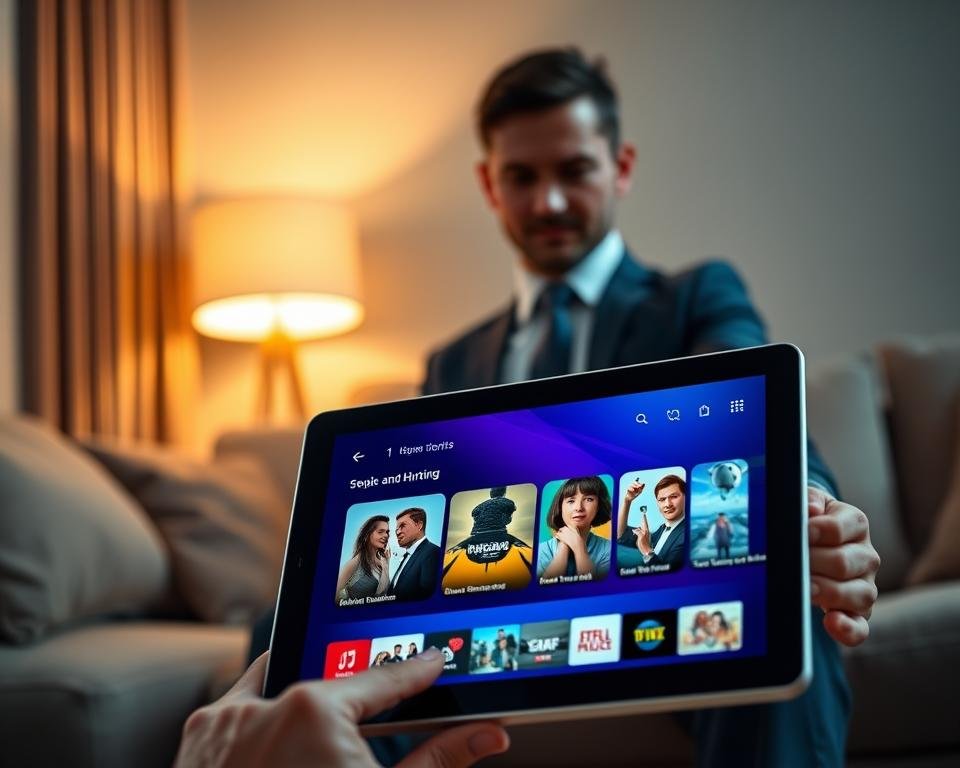 A sleek and modern user interface of an IPTV application displayed on a tablet, with vibrant colors and intuitive design elements. In the foreground, the tablet shows a stylish app layout featuring diverse streaming options, with thumbnails of popular shows and live channels. In the middle ground, a professional individual in business attire interacts with the tablet, showcasing engagement and ease of use. The background features a cozy living room setting with soft lighting emanating from a stylish lamp, enhancing a relaxed atmosphere. The camera angle is slightly tilted downwards, focusing on the tablet interface while the environment feels warm and inviting, reflecting the convenience and accessibility of the IPTV service. A sleek and modern user interface of an IPTV application displayed on a tablet, with vibrant colors and intuitive design elements. In the foreground, the tablet shows a stylish app layout featuring diverse streaming options, with thumbnails of popular shows and live channels. In the middle ground, a professional individual in business attire interacts with the tablet, showcasing engagement and ease of use. The background features a cozy living room setting with soft lighting emanating from a stylish lamp, enhancing a relaxed atmosphere. The camera angle is slightly tilted downwards, focusing on the tablet interface while the environment feels warm and inviting, reflecting the convenience and accessibility of the IPTV service.
