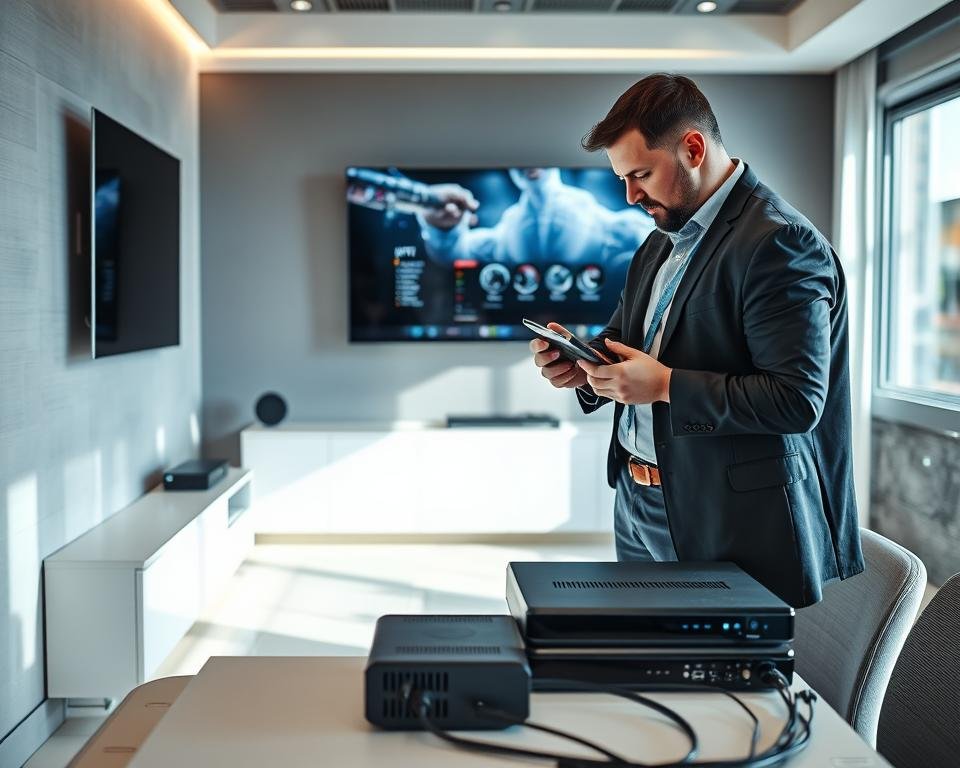 A sleek and modern workspace featuring a professional technician installing IPTV equipment. In the foreground, a technician in professional attire is focused on connecting a high-tech IPTV device to a flat-screen TV, showcasing attention to detail. The middle ground displays a stylish desk with IPTV boxes and cables neatly organized. In the background, there’s a large wall-mounted screen displaying an IPTV interface, illuminated softly to create a tech-savvy atmosphere. Bright, natural lighting streams in from a nearby window, enhancing the clean, contemporary design of the room. The overall mood conveys professionalism, innovation, and efficiency, reflecting the advanced nature of the IPTV service.