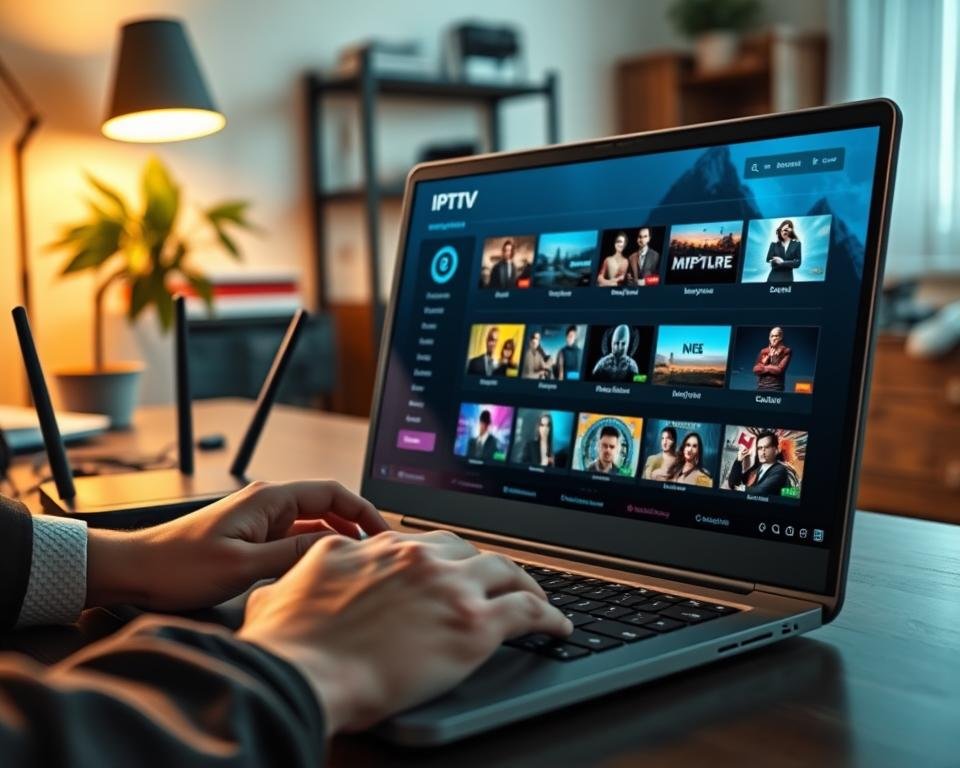 A sleek configuration application interface displayed on a modern laptop screen, with vibrant graphical elements representing IPTV streaming channels. The foreground features a focused view of the laptop with a professional individual in business attire interacting with the application, fingers poised over the keyboard, reflecting concentration. In the middle ground, a desk cluttered with tech gadgets such as a router and cables adds context, with subtle lighting highlighting the screen’s content. The background includes a softly lit home office setting, complete with shelves of tech books and a potted plant, conveying a productive atmosphere. Use warm, inviting lighting to enhance the scene, and capture the image from a slightly angled perspective to add depth and intrigue.