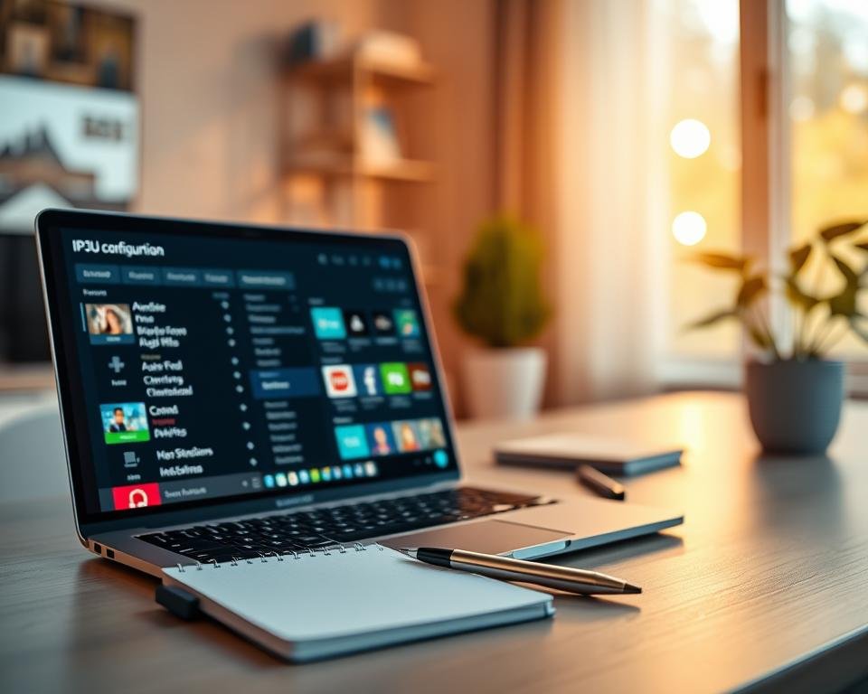 A sleek digital workspace featuring a modern laptop displaying a colorful M3U configuration list on its screen. In the foreground, focus on the laptop with vibrant icons representing various IPTV channels, highlighted with a soft glow. In the middle, a notebook and pen lie casually, suggesting organization and planning. The background is a softly blurred home office setting with warm, inviting lighting filtering in through a window, creating a cozy atmosphere. A potted plant adds a touch of greenery, while a subtle depth of field emphasizes the laptop as the centerpiece. Aim for a clean, professional look that conveys a sense of ease and efficiency in configuring IPTV. A sleek digital workspace featuring a modern laptop displaying a colorful M3U configuration list on its screen. In the foreground, focus on the laptop with vibrant icons representing various IPTV channels, highlighted with a soft glow. In the middle, a notebook and pen lie casually, suggesting organization and planning. The background is a softly blurred home office setting with warm, inviting lighting filtering in through a window, creating a cozy atmosphere. A potted plant adds a touch of greenery, while a subtle depth of field emphasizes the laptop as the centerpiece. Aim for a clean, professional look that conveys a sense of ease and efficiency in configuring IPTV.