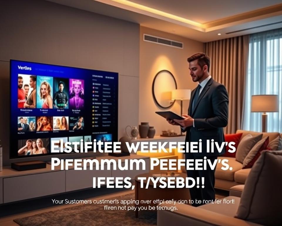 A sleek, elegant design showcasing the exceptional benefits of a premium IPTV subscription. In the foreground, a modern, stylish TV display shows vibrant visuals of popular streaming services, with dynamic colors and engaging imagery. In the middle, a well-dressed professional, wearing business attire, confidently discusses IPTV features through an interactive tablet, symbolizing advanced technology and customer satisfaction. The background features a cozy living room with warm lighting, plush furniture, and decorative elements suggesting comfort and entertainment. The atmosphere conveys a sense of innovation and convenience, highlighting the advantages of the IPTV service in a compelling and visually appealing manner. The scene is well-lit, with soft shadows that enhance the inviting ambiance.