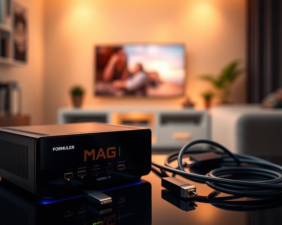 A sleek, high-tech configuration box prominently displayed in the foreground, showcasing the MAG and Formuler models. The box features a glossy black finish with illuminated buttons and glowing LED indicators, reflecting a modern design. In the middle ground, various cables and connectors are elegantly arranged, emphasizing connectivity options like HDMI and Ethernet. The background displays a softly blurred home entertainment setup, including a flat-screen TV and a cozy living room ambiance, bathed in warm, inviting light. The shot is taken at a slight angle, using a shallow depth of field to draw focus to the configuration box while creating a sophisticated and tech-savvy mood. The overall atmosphere is one of advanced technology and seamless integration into everyday life.