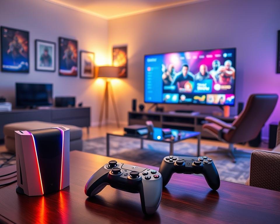 A sleek living room setup featuring a gaming console, specifically a PS5 and an Xbox, alongside a modern IPTV configuration console. In the foreground, showcase the glowing LED lights of the consoles, with smart remotes and a large flat-screen TV displaying a vibrant IPTV interface. In the middle ground, place a stylish coffee table cluttered with tech gadgets, and a comfortable gaming chair facing the setup. The background should consist of a cozy atmosphere with soft, ambient lighting and game posters on the walls, creating an inviting space for gaming enthusiasts. The overall mood should be modern and high-tech, illuminated by dynamic lighting, emphasizing the fusion of gaming and IPTV technology.