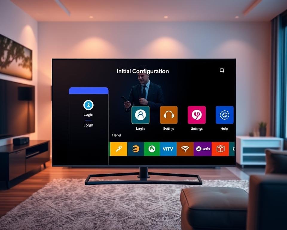 A sleek, modern Android TV interface showcasing the initial configuration screen of the IPTV Smarters Pro application. In the foreground, a user-friendly display with vibrant icons, including options for 'Login', 'Settings', and 'Help', all illuminated in bright colors against a dark-themed background. In the middle, a casual user in professional attire, focused on navigating the interface with a remote control. The background features a stylish living room setup with a comfortable couch and a modern TV stand, subtly blurred to draw attention to the application screen. Soft, warm lighting creates an inviting atmosphere, emphasizing the ease of use and accessibility of the application. The image conveys a sense of technological empowerment and modern entertainment.
