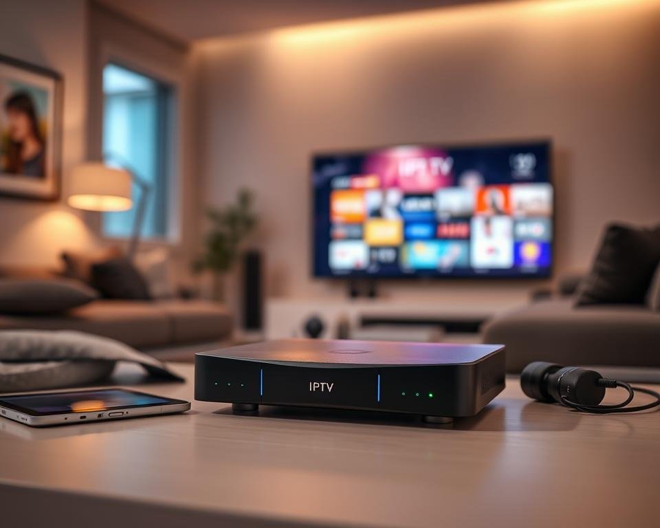 A sleek, modern IPTV set-top box prominently displayed in the foreground, showcasing its curved design and illuminated LED indicators. Surrounding it, high-tech gadgets like a tablet and smartphone highlight the interconnected nature of the service. In the middle ground, a blurred screen displays a vibrant user interface featuring various IPTV channels, enhancing the viewer's experience. The background is softly lit with a contemporary living room setup, including a stylish sofa and wall-mounted TV, suggesting a cozy viewing atmosphere. Soft, warm lighting casts gentle shadows, creating an inviting mood. A slight lens vignette adds depth to the scene, emphasizing the focus on the IPTV service's technical excellence. The overall composition conveys sophistication and premium quality.