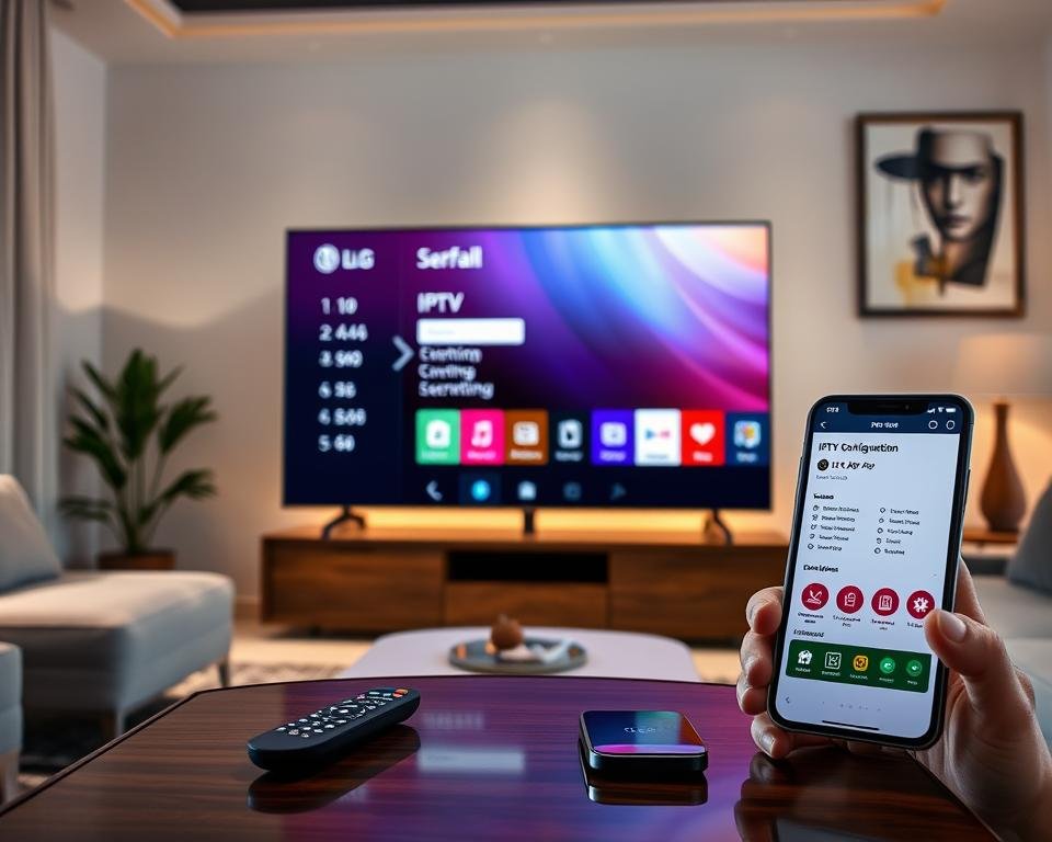 A sleek, modern LG Smart TV prominently displayed in a cozy living room setting. The TV screen showcases the IPTV configuration menu, with vibrant colors and detailed icons, reflecting advanced technology. In the foreground, a stylish coffee table with a remote control and a smartphone highlighting IPTV app features. In the middle, the TV is accented by minimalistic furniture and soft lighting, creating a warm atmosphere for tech-savvy viewers. The background features a well-decorated wall with abstract art, enhancing the contemporary vibe. The lighting is soft and inviting, emphasizing the modern aesthetics of the Smart TV. The angle is slightly angled to capture the depth of the room, focused on the TV.