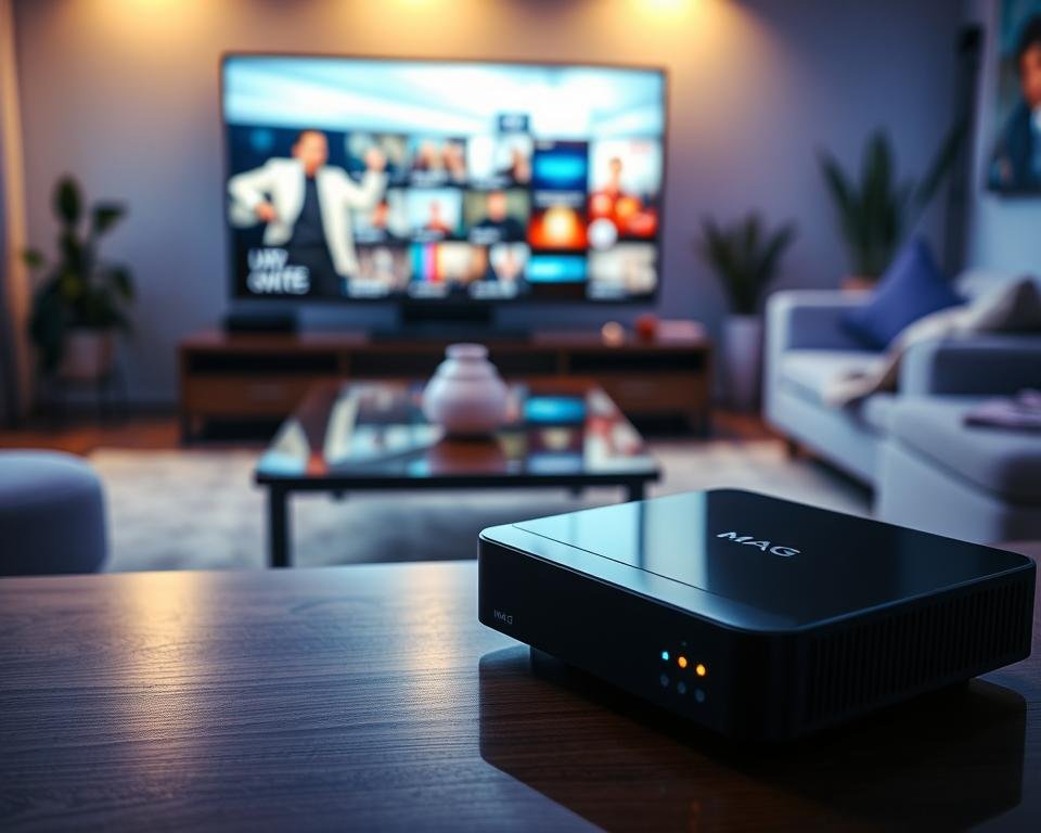 A sleek, modern MAG configuration box sits prominently in the foreground, showcasing its glossy black surface and high-tech features. The device has illuminated LED indicators and a stylish, minimalist design, conveying sophistication. In the middle ground, a professional setup with a large high-definition TV displays vibrant IPTV content, highlighting the box's functionality. Soft ambient lighting casts a warm glow in the scene, creating an inviting atmosphere. The background features a cozy living room setting, with modern furniture and subtle decorative elements. A reflective surface, such as a wooden coffee table, enhances the mood, suggesting a comfortable viewing experience. The angle is slightly elevated, emphasizing the box and the TV while maintaining a clean and organized look.