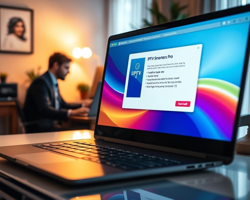 A sleek, modern Windows application interface displayed on a high-resolution monitor. In the foreground, a laptop is open, showcasing the IPTV Smarters Pro installer window with a clean, user-friendly layout featuring vibrant colors. The background consists of a cozy home office setting, with a stylish desk, a potted plant, and ambient lighting creating a warm atmosphere. Soft light casts gentle shadows, enhancing the depth of the scene. The camera angle is slightly elevated, capturing both the screen and the surrounding workspace. A professional individual in business attire is seated at the desk, focusedly interacting with the application. The overall mood is inviting and productive, perfect for showcasing the installation process on a Windows PC.