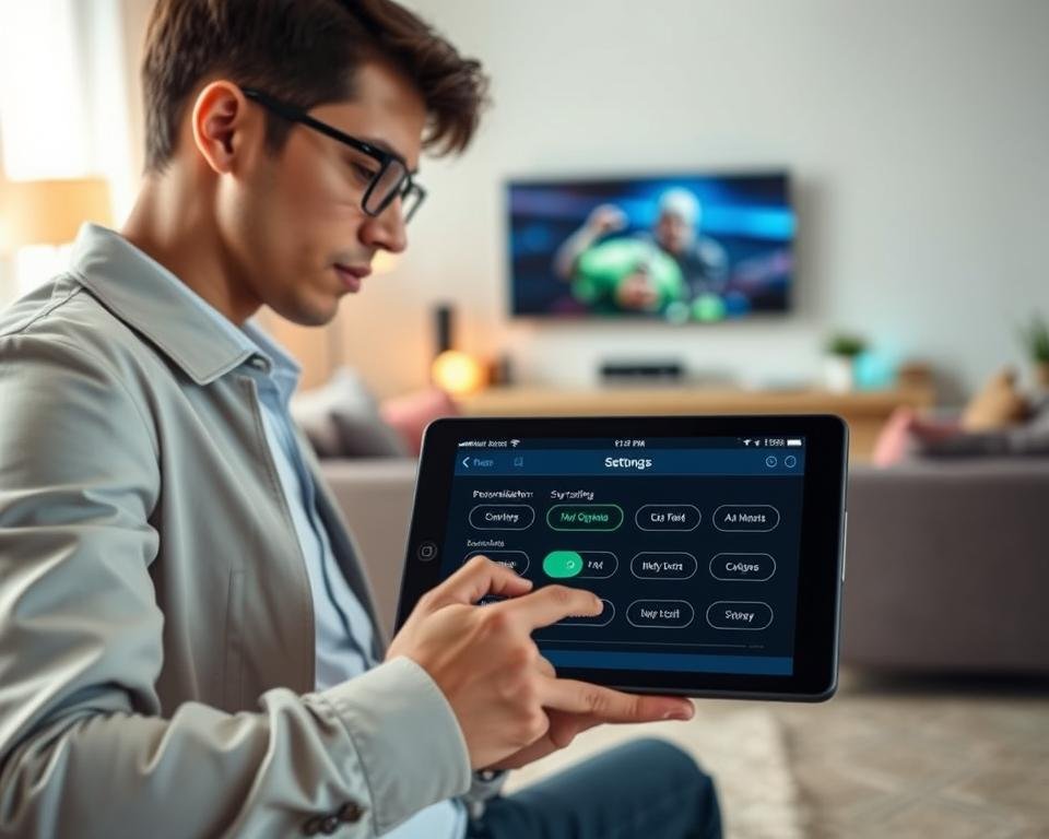 A sleek, modern application interface showcasing the "Personalization Settings" of IPTV Smarter Pro. In the foreground, a professional young adult, wearing a smart casual outfit, interacts with a tablet displaying vibrant, user-friendly touch controls for customizing viewing options. The middle ground emphasizes a stylish, bright lounge environment, with a comfortable sofa and ambient lighting that suggests a cozy home theater. The background features subtle hints of a wall-mounted TV and decorative elements, enhancing the sense of modern living. The scene is illuminated with soft, natural light to create an inviting atmosphere, capturing a sense of ease and customization in the user experience. The angle is slightly tilted downwards, creating an intimate perspective on the gadget being used. A sleek, modern application interface showcasing the "Personalization Settings" of IPTV Smarter Pro. In the foreground, a professional young adult, wearing a smart casual outfit, interacts with a tablet displaying vibrant, user-friendly touch controls for customizing viewing options. The middle ground emphasizes a stylish, bright lounge environment, with a comfortable sofa and ambient lighting that suggests a cozy home theater. The background features subtle hints of a wall-mounted TV and decorative elements, enhancing the sense of modern living. The scene is illuminated with soft, natural light to create an inviting atmosphere, capturing a sense of ease and customization in the user experience. The angle is slightly tilted downwards, creating an intimate perspective on the gadget being used.