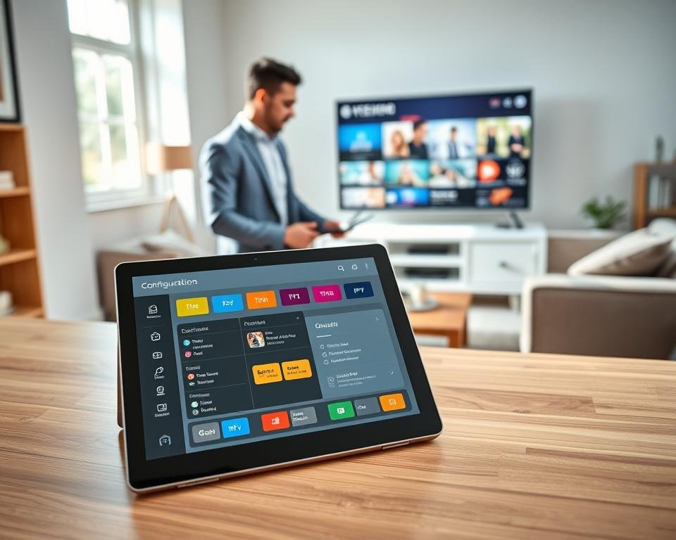 A sleek, modern configuration application interface displayed on a high-resolution tablet screen in a bright, well-lit room. In the foreground, the tablet sits on a wooden desk, showcasing a user-friendly dashboard with vibrant buttons and icons, reflecting the simplicity of setting up IPTV services. In the middle ground, a professional-looking person (dressed in smart casual attire) interacts with the device, demonstrating ease of use. The background features a cozy living room setup with a large TV displaying colorful streaming content and a comfortable sofa. The atmosphere is welcoming and productive, enhanced by natural light streaming through a window, creating a warm and inviting ambiance. Focus on clarity and intuitive design elements.