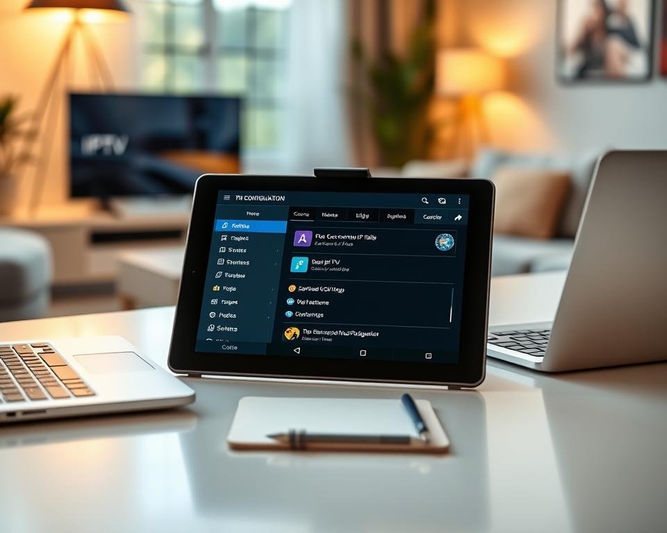 A sleek, modern configuration application interface displayed on an Android tablet screen, showcasing IPTV settings and options for streaming. In the foreground, the tablet is positioned on a stylish desk with clean lines, equipped with a professional laptop and a notepad. The middle layer features the tablet displaying colorful icons, vibrant graphics, and a streamlined layout, inviting the user to engage. The background includes a softly lit cozy home environment, with subtle bokeh effects highlighting a contemporary living space. The lighting is warm and inviting, creating a professional yet relaxed atmosphere. The angle is slightly elevated, emphasizing the tablet’s screen while keeping the surrounding elements in clear focus.