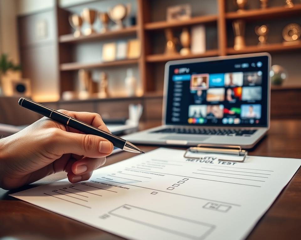 A sleek, modern design of an IPTV test request form on a stylish desk. The form is neatly laid out, featuring checkboxes and fields for user information, surrounded by elegant stationery. In the foreground, a close-up of a hand holding a pen, poised to fill out the form conveys action and importance. The middle ground includes a laptop displaying a vibrant IPTV interface with bright, eye-catching visuals. The background features soft-focused shelves with trophies and awards, hinting at quality and expertise in the IPTV industry. The lighting is bright and inviting, suggesting a professional, trustworthy environment, accentuated with warm tones to evoke a sense of reliability and satisfaction.
