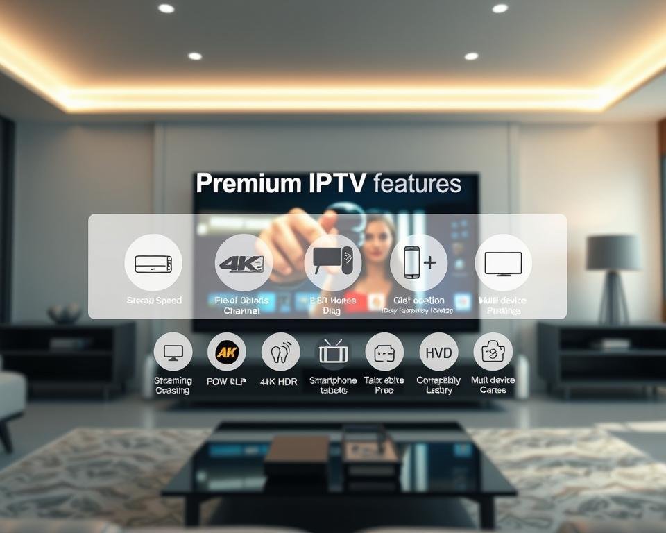 A sleek modern digital interface showcasing "Premium IPTV Features" prominently in the foreground, with a high-tech television displaying channels and streaming content. In the middle, feature elegant icons representing various technical features like streaming speed, resolution options (4K, HDR), compatibility with devices (smartphones, tablets, TVs), and multi-device use. The background is a futuristic living room setting with soft ambient lighting, emphasizing comfort and advanced technology. Use a wide-angle perspective to capture the entire scene, ensuring the lighting highlights the clarity of the screen content. The mood is sophisticated yet inviting, demonstrating the seamless experience of premium IPTV services. A sleek modern digital interface showcasing "Premium IPTV Features" prominently in the foreground, with a high-tech television displaying channels and streaming content. In the middle, feature elegant icons representing various technical features like streaming speed, resolution options (4K, HDR), compatibility with devices (smartphones, tablets, TVs), and multi-device use. The background is a futuristic living room setting with soft ambient lighting, emphasizing comfort and advanced technology. Use a wide-angle perspective to capture the entire scene, ensuring the lighting highlights the clarity of the screen content. The mood is sophisticated yet inviting, demonstrating the seamless experience of premium IPTV services.