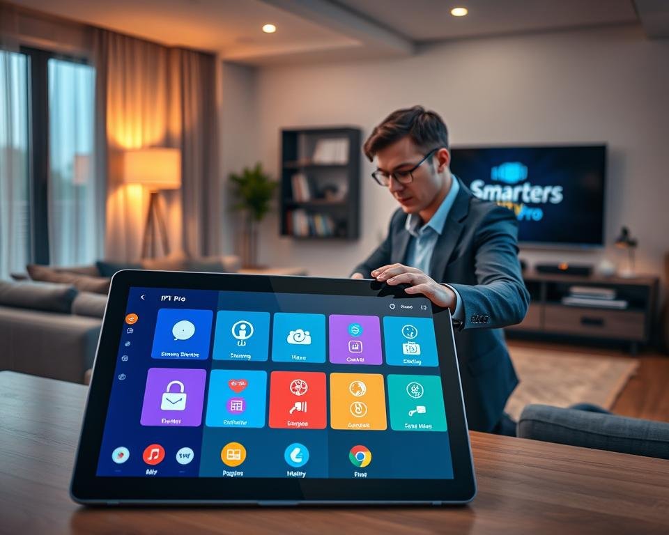 A sleek, modern digital interface showcasing the advanced features of Smarters IPTV Pro. In the foreground, a high-resolution tablet displays vibrant icons symbolizing various functionalities like streaming, scheduling, and user profiles. The middle ground features a contemporary living room setup, with a stylish sofa and a large flat-screen TV displaying the Smarters IPTV Pro logo. The background showcases a cozy home ambiance, softly illuminated by warm lighting, creating an inviting atmosphere. A professional individual, dressed in smart casual attire, interacts with the tablet, exuding a sense of excitement and engagement. The scene is captured at a slight angle for depth, emphasizing the user-friendly design of the IPTV interface while ensuring a clear focus on its exceptional features.