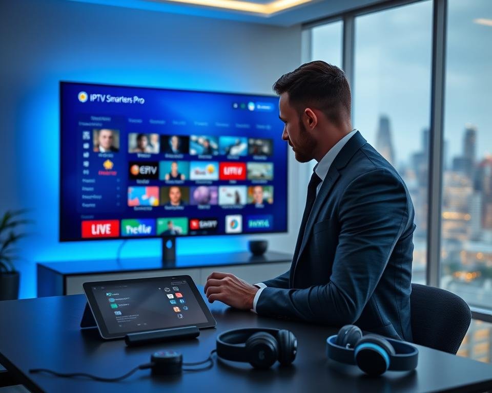 A sleek, modern digital workspace showcasing the IPTV Smarters Pro interface on a large monitor, illuminating the room with a soft, cool blue light. In the foreground, a focused professional in business attire examines the interface, a mix of vibrant streaming channels displayed in an organized layout. The middle ground features a stylish desk with tech gadgets: a tablet, smart remote control, and headphones, emphasizing the advanced capabilities of IPTV Smarters Pro. In the background, an abstract cityscape is visible through a large window, symbolizing connectivity and entertainment. The atmosphere is innovative and inviting, with a smooth bokeh effect to highlight the subject matter. The overall lighting is bright yet calming, creating a sense of productivity and modern technology.