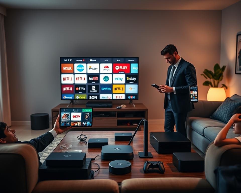 A sleek, modern home setup showcasing universal compatibility for streaming devices. In the foreground, a stylish living room with a large flat-screen TV displaying various streaming service logos. A person, dressed in professional business attire, casually operates a tablet and smartphone displaying the same streaming services. In the middle, a coffee table holds a variety of devices like a streaming box, smart speaker, and gaming console, all connected to a Wi-Fi router. In the background, soft ambient lighting creates an inviting atmosphere, with subtle silhouettes of family members enjoying the content together. The scene is captured with a wide-angle lens to emphasize the openness of the space and the connectivity between devices, conveying a sense of ease and modern technology integration. A sleek, modern home setup showcasing universal compatibility for streaming devices. In the foreground, a stylish living room with a large flat-screen TV displaying various streaming service logos. A person, dressed in professional business attire, casually operates a tablet and smartphone displaying the same streaming services. In the middle, a coffee table holds a variety of devices like a streaming box, smart speaker, and gaming console, all connected to a Wi-Fi router. In the background, soft ambient lighting creates an inviting atmosphere, with subtle silhouettes of family members enjoying the content together. The scene is captured with a wide-angle lens to emphasize the openness of the space and the connectivity between devices, conveying a sense of ease and modern technology integration.