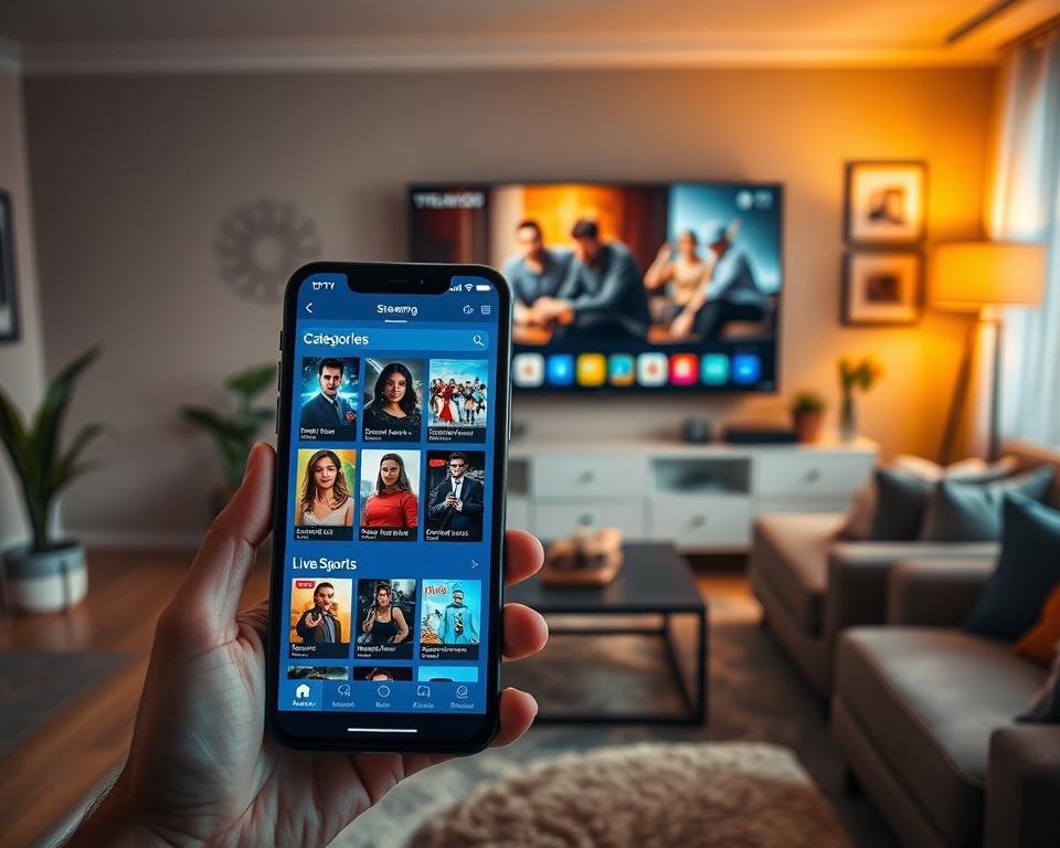 A sleek, modern interface of an IPTV application displayed on a high-resolution smartphone in the foreground, showcasing various streaming categories like movies, series, and live sports. In the middle ground, a stylish living room with contemporary furniture, a large flat-screen TV mounted on the wall playing a vibrant scene from a film, adding to the interactive feel. The background features warm, ambient lighting casting a cozy atmosphere, with plants and art pieces to enhance the homely vibe. The scene is captured from a slight angle, emphasizing the phone and TV simultaneously, conveying a sense of connectivity and choice in entertainment. The image focuses on clarity and professionalism, suitable for illustrating a technology article.