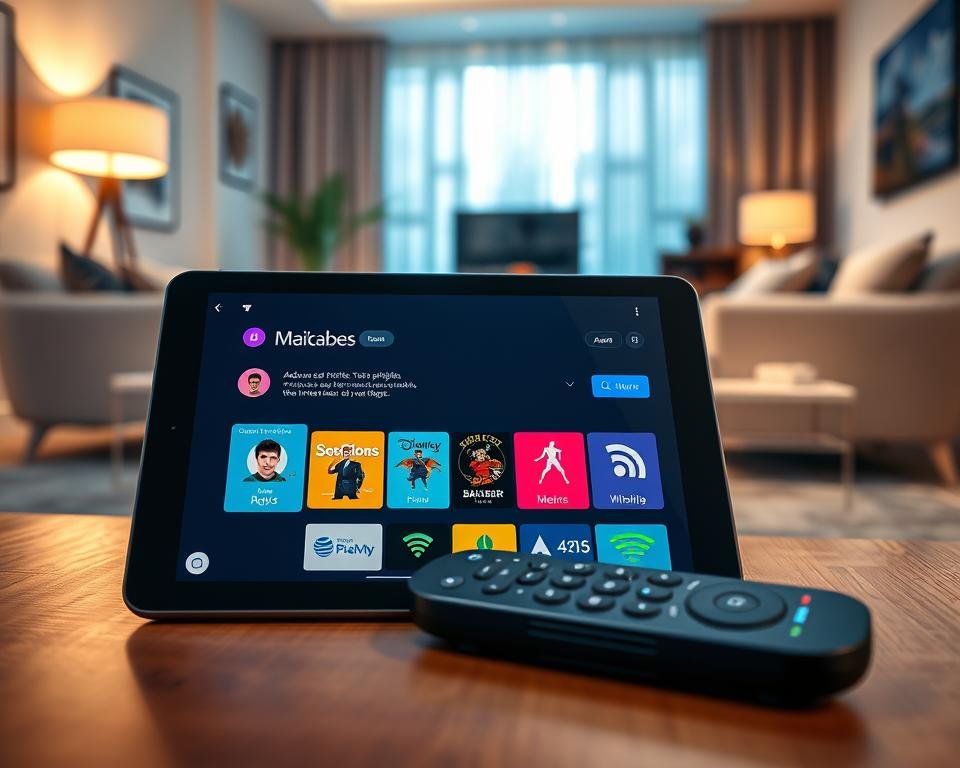 A sleek, modern interface of an IPTV application displayed on a high-resolution tablet. In the foreground, the tablet screen shows advanced features like user profiles, customizable playlists, and interactive widgets, each brightly colored to draw attention. In the middle background, a stylish living room setting with contemporary furniture and soft lighting creates a relaxing atmosphere. The lighting is warm and inviting, casting gentle shadows. An advanced remote control lies beside the tablet, emphasizing ease of use. The overall mood is tech-savvy and sophisticated, reflecting the innovation of IPTV Smarter Pro. The angle captures both the tablet and the remote prominently, with a slight depth of field effect blurring the background for focus.