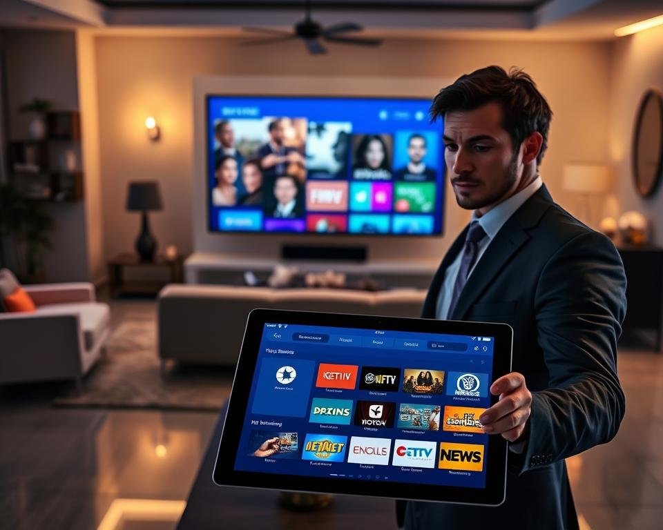 A sleek, modern interface of the IPTV Smarters Pro application displayed on a high-resolution screen. The foreground features a vibrant tablet held by a professional user, dressed in smart business attire, showcasing the application's dashboard filled with colorful icons for various streaming services. In the middle ground, a stylish living room setting with a contemporary sofa and a television displaying the application interface, illuminated by soft, warm lighting. The background shows a cozy, inviting atmosphere with elegant decor. The camera angle is slightly elevated, providing a dynamic view of the interface and the user’s engagement with the technology, capturing a sense of innovation and efficiency in digital entertainment.