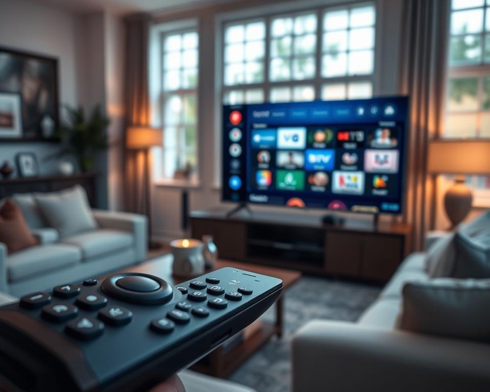 A sleek, modern interface of the Smarters Pro IPTV application displayed prominently on a high-definition smart TV screen in a stylish living room setting. In the foreground, a close-up of a remote control and a smartphone showcasing user-friendly features of the app, including channel browsing and a favorites list. The middle ground features a comfortable sofa and tasteful decor, creating a welcoming atmosphere. In the background, a soft glow from ambient lighting enhances the cozy vibe. The room has large windows with daytime light streaming in, casting gentle shadows. The overall mood is relaxed and inviting, perfect for enjoying streaming content with family and friends. Focus on clarity and vibrant colors to emphasize the application's advantages, with a cinematic feel to the composition.