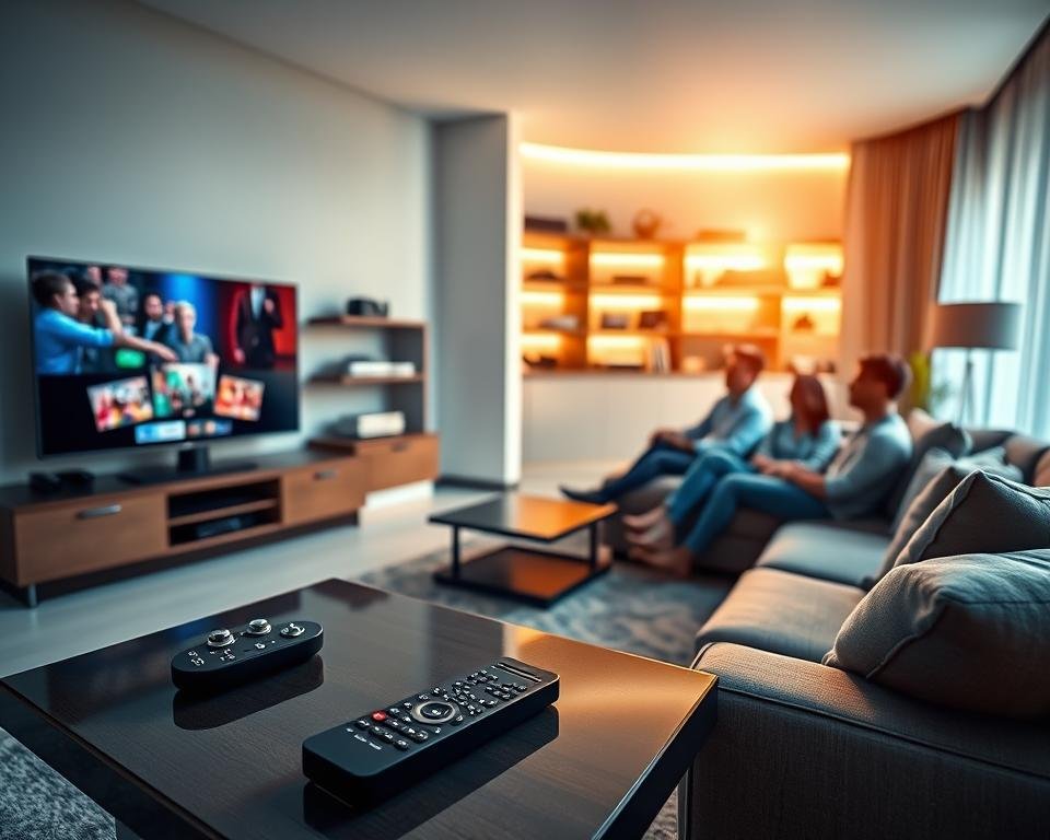 A sleek, modern living room featuring a high-definition television displaying vibrant images, emphasizing the advanced capabilities of IPTV Pro 4K. In the foreground, a stylish coffee table holds a remote control and various tech gadgets symbolizing connectivity. The middle ground showcases a comfortable sectional sofa with a family watching TV, dressed in business casual attire, highlighting a cozy family atmosphere. The background features a well-lit shelf filled with multimedia devices and a large window with natural light streaming in, enhancing the inviting ambiance. The scene is captured with a warm color palette, using soft focus to evoke a relaxed yet sophisticated vibe, giving viewers a sense of innovative entertainment possibilities. A sleek, modern living room featuring a high-definition television displaying vibrant images, emphasizing the advanced capabilities of IPTV Pro 4K. In the foreground, a stylish coffee table holds a remote control and various tech gadgets symbolizing connectivity. The middle ground showcases a comfortable sectional sofa with a family watching TV, dressed in business casual attire, highlighting a cozy family atmosphere. The background features a well-lit shelf filled with multimedia devices and a large window with natural light streaming in, enhancing the inviting ambiance. The scene is captured with a warm color palette, using soft focus to evoke a relaxed yet sophisticated vibe, giving viewers a sense of innovative entertainment possibilities.