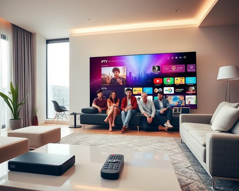 A sleek, modern living room featuring a large 4K TV displaying a vibrant IPTV interface. In the foreground, there is a stylish coffee table with a remote control and a streaming device, emphasizing the theme of IPTV compatibility. The middle layer includes a sofa with a family gathered around the TV, showcasing diverse individuals dressed in casual yet polished clothing, all engaged and enjoying the content. The background features a large window with soft daylight filtering in, creating a warm and inviting atmosphere. The overall mood is energetic yet relaxed, highlighting the technological harmony of IPTV across devices. Use soft lighting to enhance the cozy feel, and a wide-angle shot to capture the entire scene.