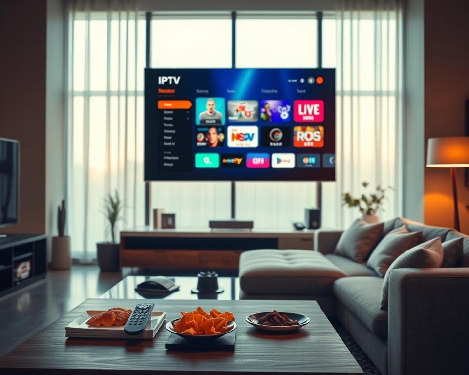 A sleek, modern living room featuring a large flat-screen TV displaying a high-definition interface of an IPTV service. In the foreground, a stylish coffee table with a remote control and snacks, symbolizing a cozy entertainment setting. The middle ground displays a comfortable sofa with neat cushions, capturing an inviting atmosphere. In the background, large windows let in warm, soft natural light, enhancing the space's tranquility. The walls are adorned with technology-themed décor, subtly indicating a connection to modern entertainment. The overall mood is relaxed and professional, showcasing the exclusivity of the IPTV Smarters Pro pack, making it enticing for viewers looking to enhance their home viewing experience.