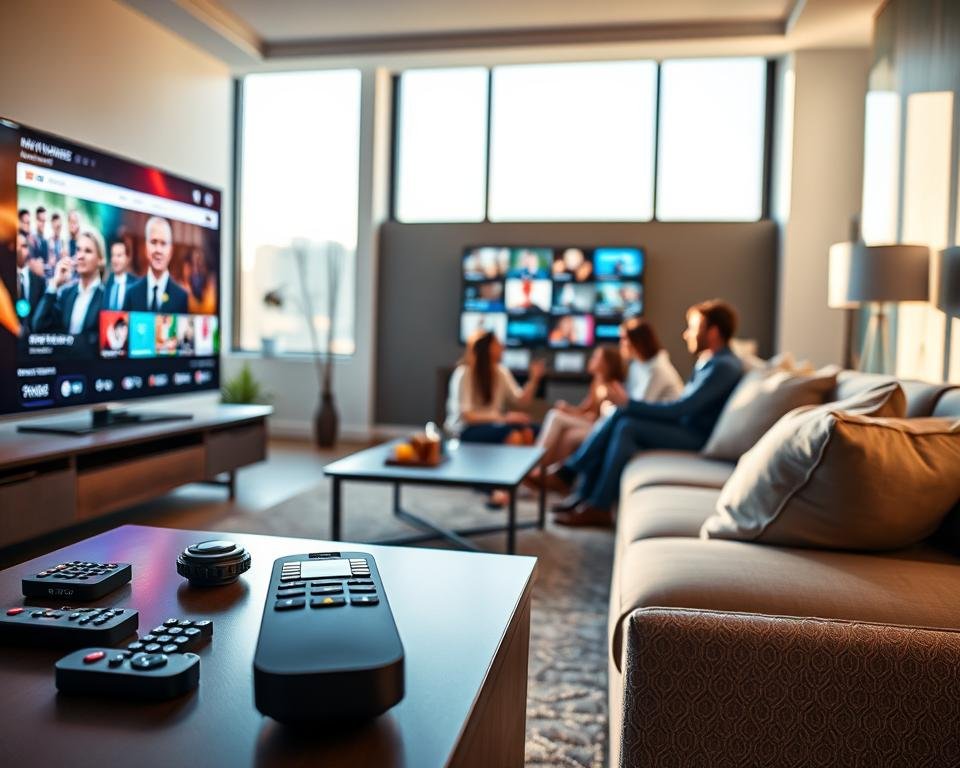 A sleek modern living room featuring a large flat-screen TV displaying vibrant IPTV streaming content. In the foreground, a stylish entertainment center adorned with remote controls and subscription service logos. In the middle, we see a comfortable sofa with a family or group of friends dressed in smart casual attire, engaging with the content on the TV. The background shows a well-lit room with large windows allowing natural light to flood in, creating an inviting atmosphere. Soft shadows enhance the warm mood of the space. The lens captures the scene at a slight angle, emphasizing the interaction between the viewers and the television. Overall, the image should convey excitement and enjoyment of premium IPTV features.