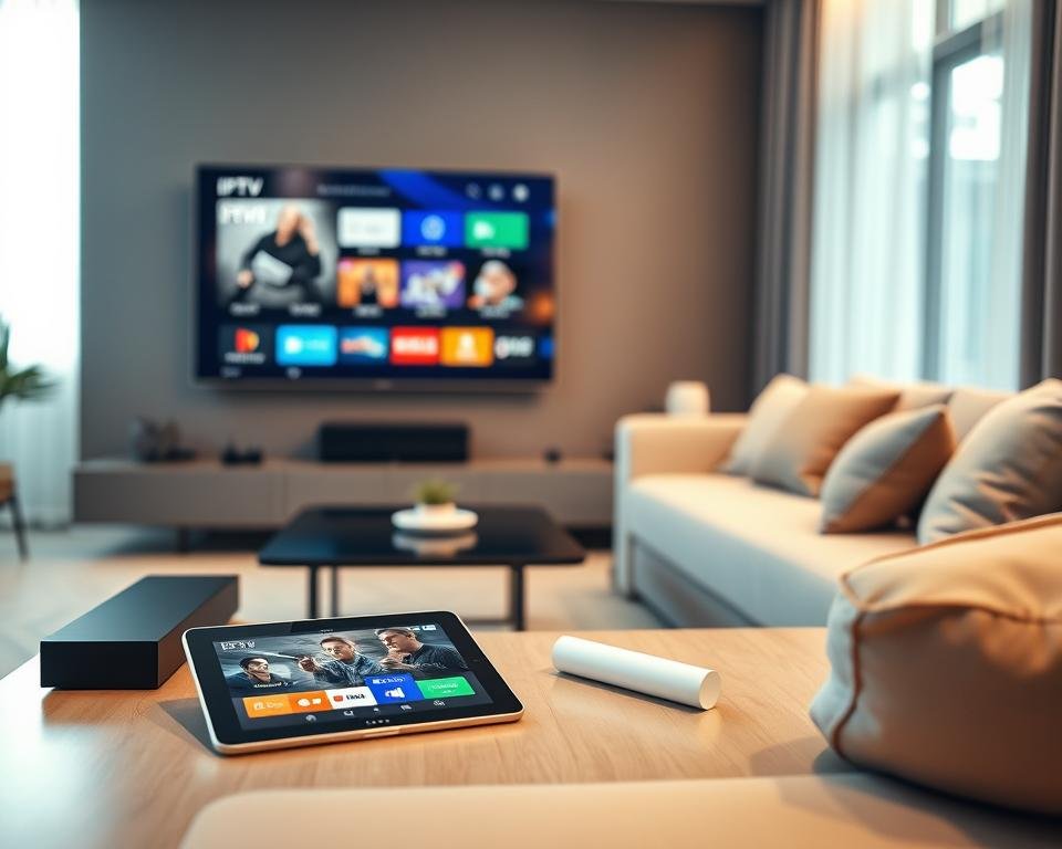 A sleek, modern living room featuring a large, flat-screen television displaying various streaming icons, like those for IPTV services. In the foreground, a smart tablet is placed on a stylish coffee table, showcasing an IPTV app in vivid colors. To the side, a contemporary soundbar complements the setup, illustrating compatibility with various devices. The middle ground includes a comfortable couch, adorned with neutral-toned cushions, creating a cozy atmosphere. The background features a well-lit window with soft, natural light filtering in, enhancing the inviting environment. The mood is tech-savvy yet relaxed, emphasizing the seamless integration of IPTV across different devices. Use soft focus and warm lighting to create an inviting, professional aesthetic. A sleek, modern living room featuring a large, flat-screen television displaying various streaming icons, like those for IPTV services. In the foreground, a smart tablet is placed on a stylish coffee table, showcasing an IPTV app in vivid colors. To the side, a contemporary soundbar complements the setup, illustrating compatibility with various devices. The middle ground includes a comfortable couch, adorned with neutral-toned cushions, creating a cozy atmosphere. The background features a well-lit window with soft, natural light filtering in, enhancing the inviting environment. The mood is tech-savvy yet relaxed, emphasizing the seamless integration of IPTV across different devices. Use soft focus and warm lighting to create an inviting, professional aesthetic.
