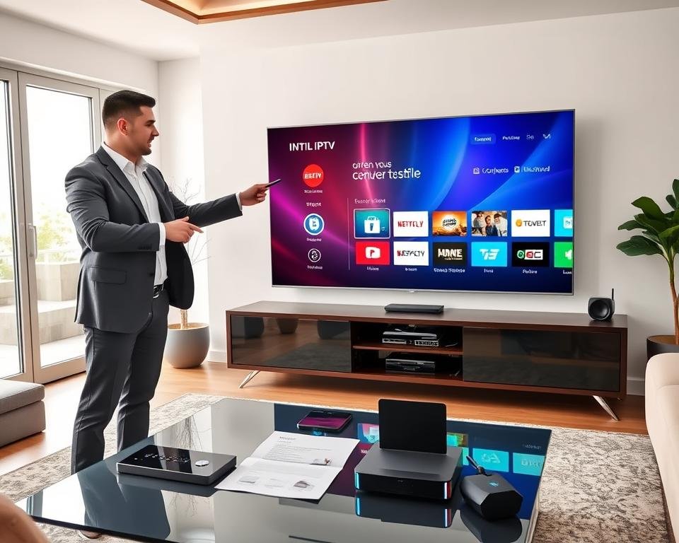 A sleek, modern living room featuring a large, high-definition Smart TV displaying a colorful and engaging IPTV application interface. In the foreground, a professional-looking person, dressed in smart casual attire, is holding a remote control while pointing towards the screen, indicating the initial setup process. In the middle, a stylish coffee table with gadgets, a smartphone, and an instructional guide are visible, suggesting a user-friendly configuration experience. The background reveals a bright, inviting atmosphere with large windows that let in natural light, enhancing the focus on the TV and user interaction. The overall mood is informative and approachable, capturing the essence of setting up a modern streaming application.