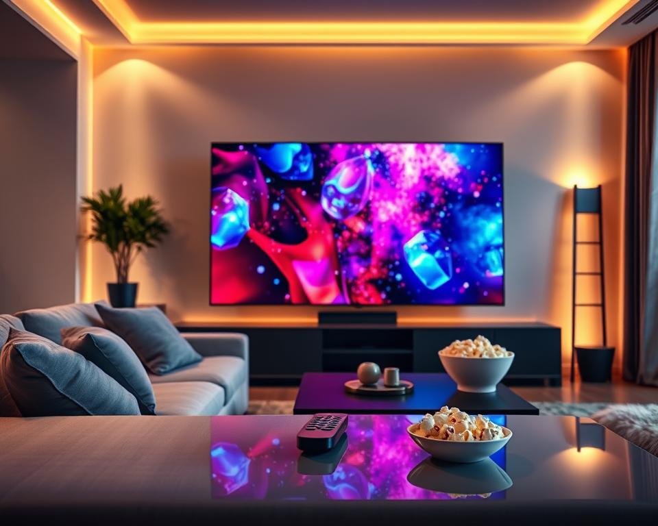A sleek, modern living room featuring a large television displaying vibrant, high-definition visuals symbolizing 4K Ultra HD streaming quality. In the foreground, a comfortable sofa with stylish cushions invites viewers to relax. The middle ground includes a glossy coffee table with a remote control and a bowl of popcorn, emphasizing a cozy movie night atmosphere. The background reveals soft, ambient lighting that enhances the clarity of the television screen while casting a warm glow throughout the room. The overall mood is inviting and high-tech, capturing the essence of premium streaming experiences in a contemporary setting. The angle is slightly elevated, showcasing the cinematic view of the screen radiating vibrant colors.