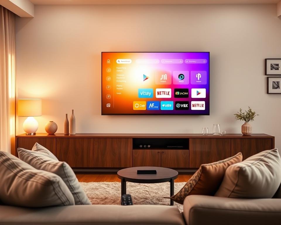 A sleek modern living room featuring a smart Android TV prominently displayed on the wall, showcasing an interactive IPTV Smarters Pro interface. The foreground includes a cozy sofa with plush cushions and a small coffee table featuring a remote control. In the middle ground, the TV screen displays vibrant, easy-to-read app icons and a user-friendly menu, illuminated by soft ambient lighting to enhance the technology's sleek look. The background features light-colored walls adorned with minimalistic decorations and a window revealing a sunny day outside, casting natural light across the room. The overall atmosphere is inviting and tech-savvy, with a warm color palette that conveys comfort and modern living. The image is shot with a wide-angle lens to capture the entire scene, emphasizing the integration of technology in a home environment.