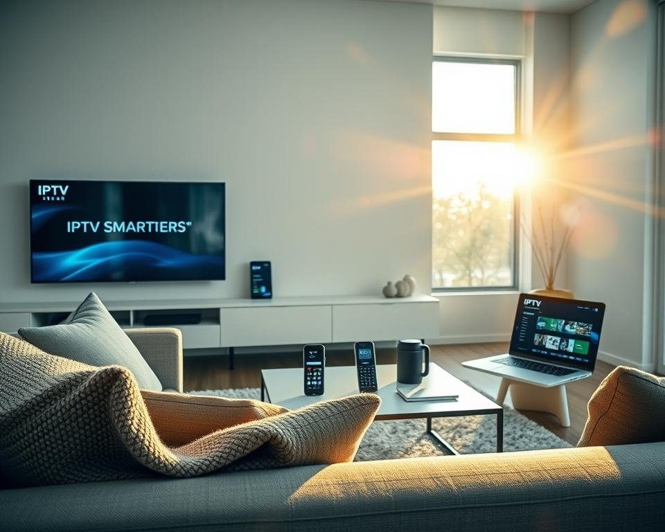 A sleek, modern living room featuring various devices compatible with online streaming, including a smart TV, tablet, smartphone, and laptop displaying the IPTV Smarters app interface. The foreground showcases a cozy sofa with a stylish throw blanket, inviting viewers into the scene. In the middle ground, the devices are strategically placed on a minimalist coffee table and a sleek shelf, all illuminated by soft ambient lighting that creates a warm, welcoming atmosphere. The background features a large window with natural light streaming in, enhancing the feel of a contemporary home. Lens flare adds a touch of vibrancy, and the overall mood is one of connectivity and convenience, showcasing the theme of compatibility with all devices. A sleek, modern living room featuring various devices compatible with online streaming, including a smart TV, tablet, smartphone, and laptop displaying the IPTV Smarters app interface. The foreground showcases a cozy sofa with a stylish throw blanket, inviting viewers into the scene. In the middle ground, the devices are strategically placed on a minimalist coffee table and a sleek shelf, all illuminated by soft ambient lighting that creates a warm, welcoming atmosphere. The background features a large window with natural light streaming in, enhancing the feel of a contemporary home. Lens flare adds a touch of vibrancy, and the overall mood is one of connectivity and convenience, showcasing the theme of compatibility with all devices.