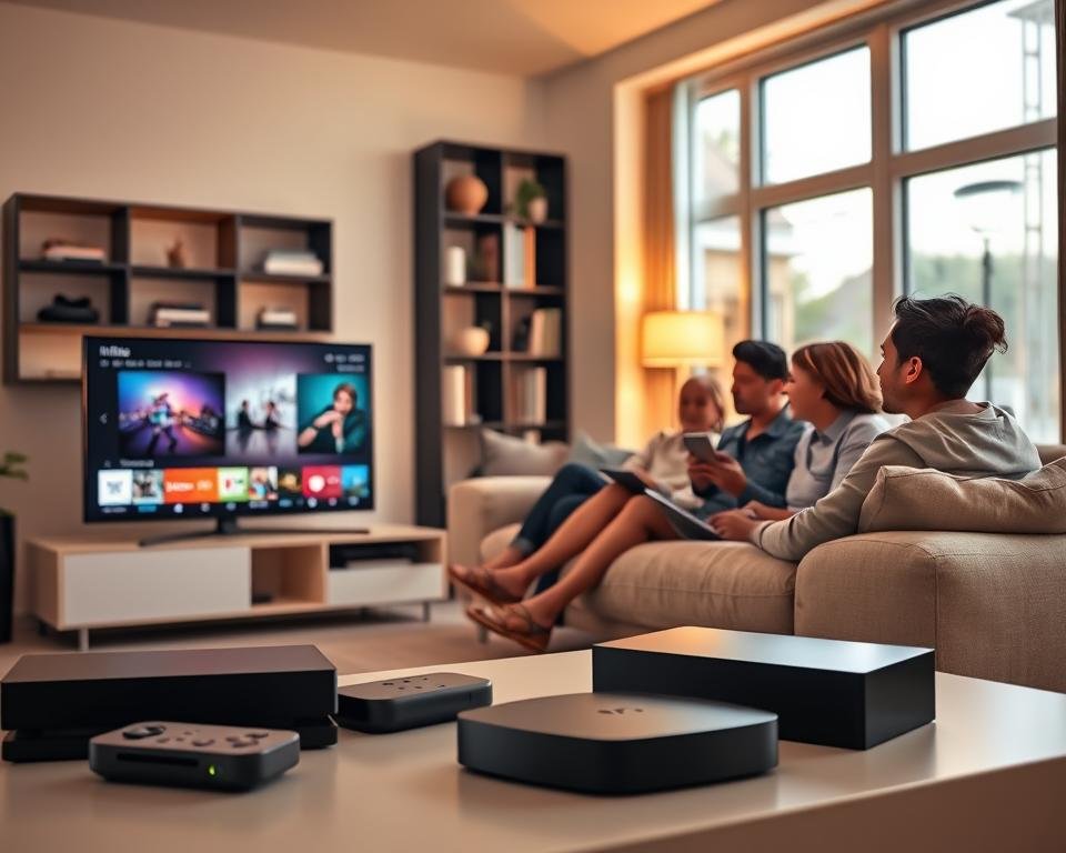 A sleek modern living room featuring various streaming devices seamlessly integrated into the environment. In the foreground, a smart TV displaying a colorful interface surrounded by a gaming console, a streaming box, and a tablet. In the middle ground, a comfortable couch with a family watching together, representing diverse ages and ethnicities, dressed in casual attire, engaged in watching content. The background includes a stylish bookshelf and soft ambient lighting from floor lamps, casting a warm glow over the scene. Large windows allow natural light to flow in, creating an inviting atmosphere. The overall mood is relaxed and inviting, showcasing compatibility between devices in a cozy home setting.