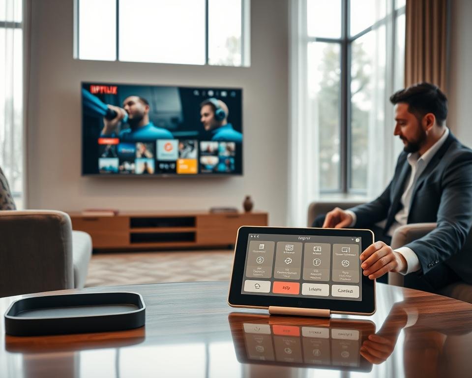 A sleek, modern living room scene showcasing the simple and efficient process of ordering an IPTV subscription. In the foreground, a stylish coffee table holds a tablet displaying an intuitive app interface for selecting IPTV packages. Nearby, a professional-looking individual in smart casual attire interacts with the tablet, embodying a sense of ease and satisfaction. The middle ground features a luxurious, flat-screen television mounted on the wall, reflecting a high-resolution image of popular streaming content. In the background, large windows let in soft, natural light, creating a warm and inviting atmosphere. The overall mood is upbeat and contemporary, illustrating innovation and convenience in entertainment technology. Use bright, vibrant colors for a cheerful ambiance, with a focus on clarity and modernity in the scene’s composition.