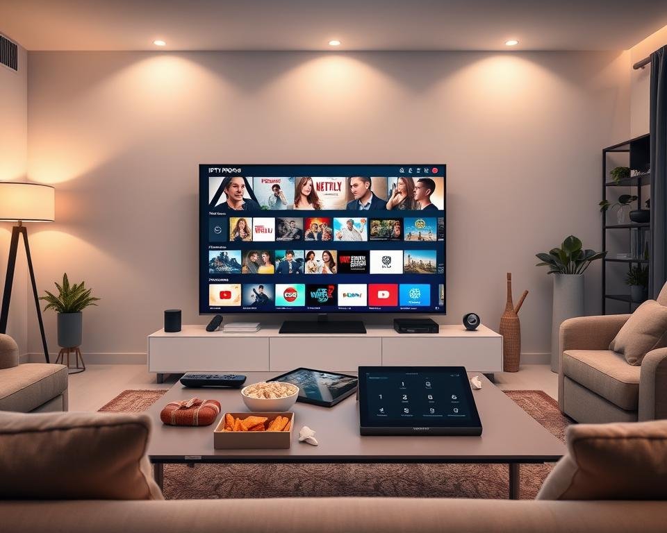 A sleek, modern living room setting as the foreground with a large flat-screen TV displaying the IPTV Pro application interface filled with vibrant images of various streaming content. In the middle ground, a stylish coffee table scattered with a remote control, snacks, and a tablet showcasing additional features of the app. The background should feature soft, ambient lighting that creates a cozy atmosphere, with a decorative bookshelf and indoor plants enhancing the inviting feel. The scene should capture a sense of excitement and premium quality, reflecting exceptional features of the IPTV Pro app, while the overall mood is warm and engaging. Use a wide-angle lens perspective to encompass the entire room and create depth.