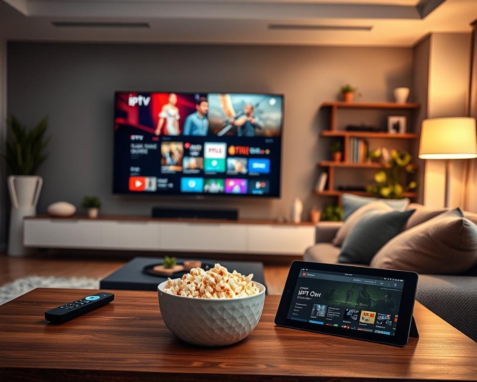 A sleek, modern living room setting featuring a large flat-screen TV displaying vibrant IPTV content with high-definition clarity. In the foreground, a stylish coffee table holds a remote, a bowl of popcorn, and a tablet showcasing the IPTV app interface. In the middle, a comfortable sofa with plush cushions invites relaxation, while a warm glow from a smart floor lamp enhances the cozy atmosphere. The background reveals tastefully arranged shelves with entertainment memorabilia and plants for a touch of greenery. Soft lighting creates a welcoming, high-end feel, emphasizing the premium quality of IPTV streaming services. The scene captures a sense of enjoyment and sophistication in home entertainment.