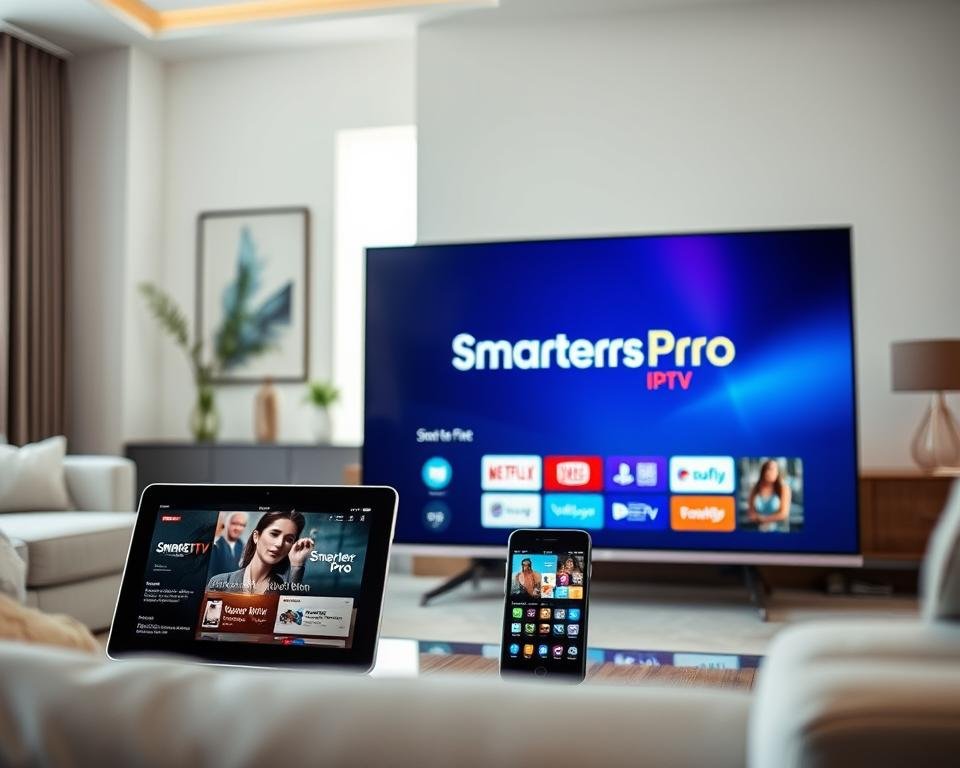 A sleek, modern living room setting in a well-lit environment showcasing various devices compatible with Smarters Pro IPTV, including a smart TV, tablet, and smartphone. In the foreground, the smart TV displays the Smarters Pro logo with a vibrant, engaging interface. The middle layer features a stylish tablet and smartphone, both showing streaming content, emphasizing compatibility across platforms. The background presents elegant decor with soft natural light filtering through a window, creating a welcoming atmosphere. The room has a contemporary feel with a subtle color palette that enhances the technology's features. Capture the essence of convenience and versatility in digital entertainment. The image should evoke a sense of innovation and modern lifestyle.