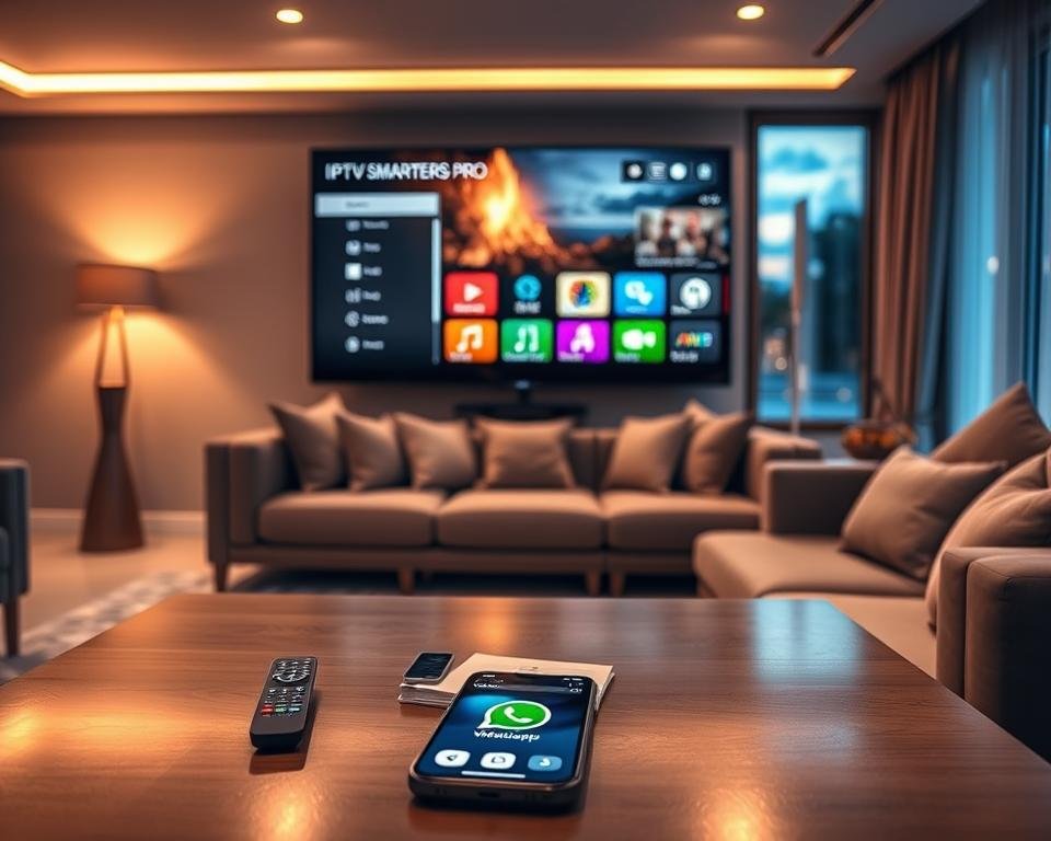 A sleek, modern living room setting showcasing a high-definition television displaying the IPTV Smarters Pro interface. In the foreground, a stylish coffee table featuring a remote control and a smartphone with a WhatsApp icon highlighted. In the middle, a comfortable sofa with plush cushions facing the TV, inviting a cozy viewing experience. In the background, softly lit ambient lighting creates a warm and inviting atmosphere, with a window revealing a twilight sky outside. The image captures a sense of relaxation and entertainment, reflecting the exceptional advantages of IPTV Smarters Pro. Use warm tones and focus on a slightly elevated angle to enhance the richness of the scene, creating a visually appealing and informative portrayal.